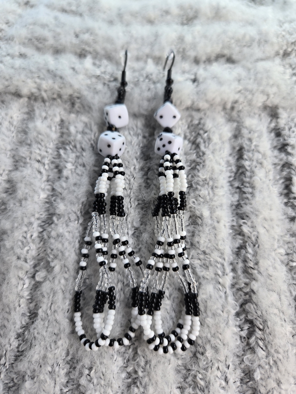 Handmade Black & White Beaded Dangle Earrings